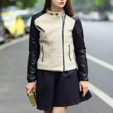 2015 font b Winter b font New Wool Patchwork Womens Leather Jackets And Coats Fashion Mandarin