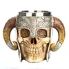 Hot Sale Gothic 3D Skull Mug with Ram Goat Horns Handle Resin Helmet Viking Stainless Steel Big Beer Mug Water Cup