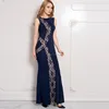 Dark blue lace panel long full length long maxi sleeveless muslim evening dress