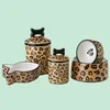 Ceramic Hand Painted Leopard Print Bone Divided Dog Dish Pet Bowl