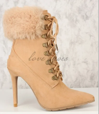 faux fur lace up heels