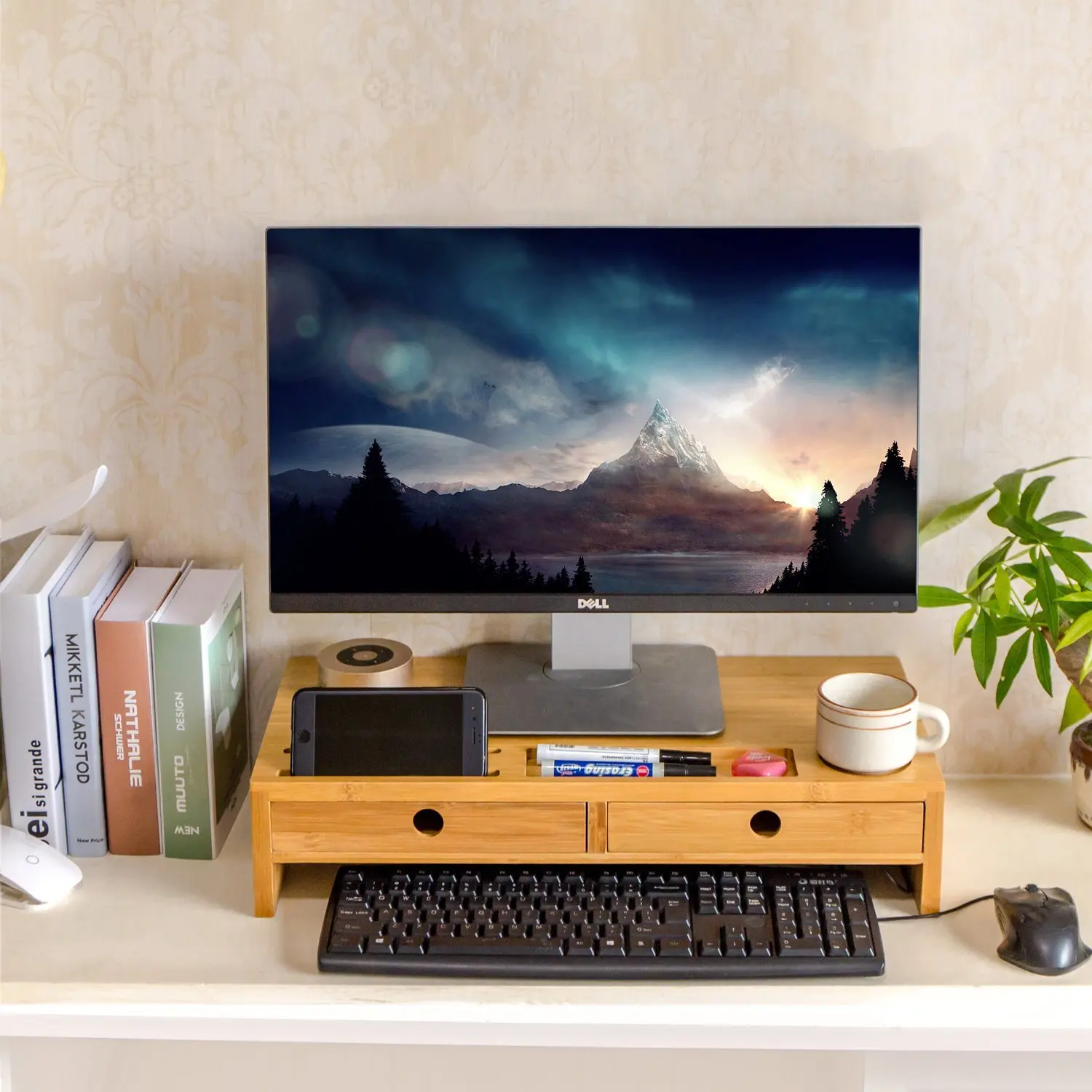Desktop,Laptop Stand Riser with Keyboard Storage Space for Home & Office Use by Ecobambu Monitor Stand Riser with Drawers 
