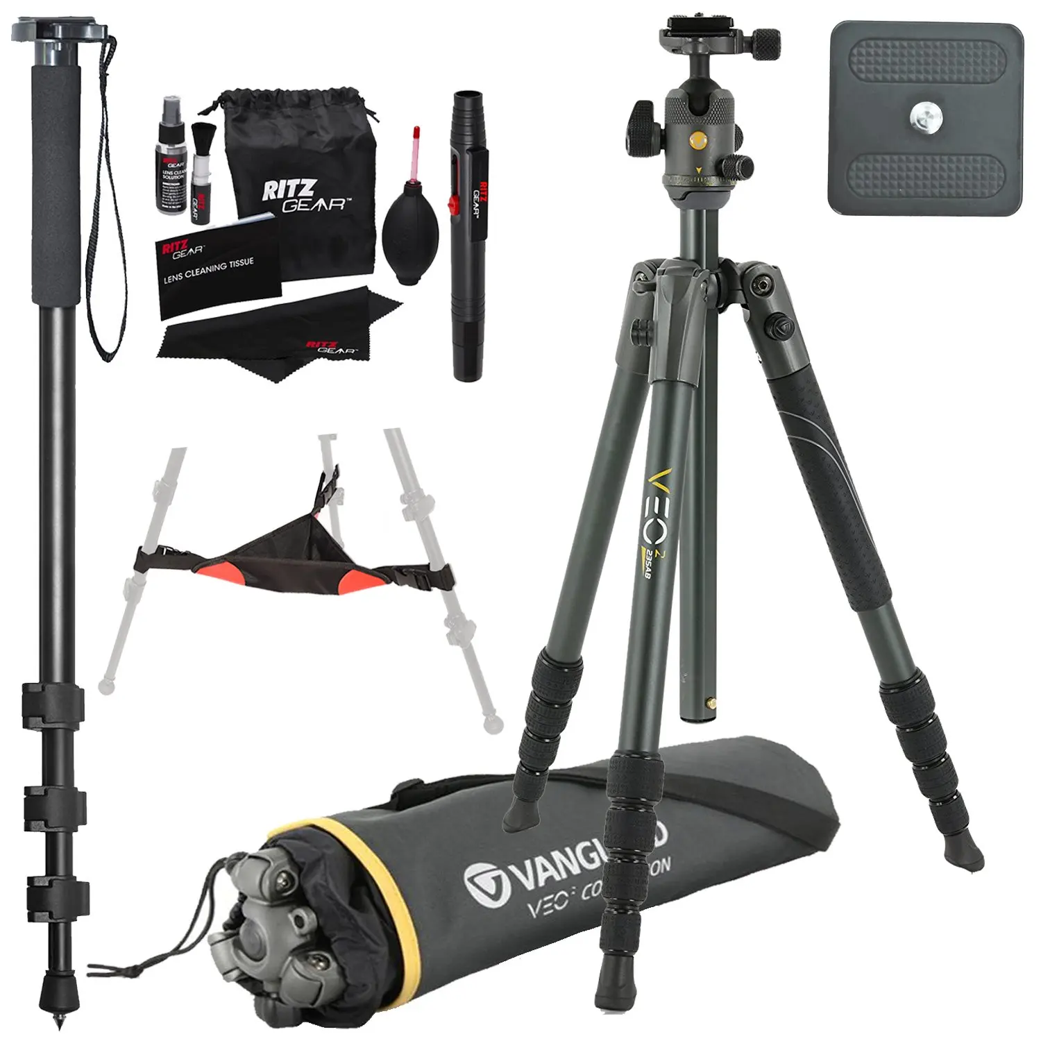 Vanguard VEO 2 204AB Blue Aluminum Tripod with VEO 2 BH-45 Ball Head, Ritz Gear Tripod Stone Bag, 72-Inch Monopod with Quick Release and Ritz Gear Cleaning Kit