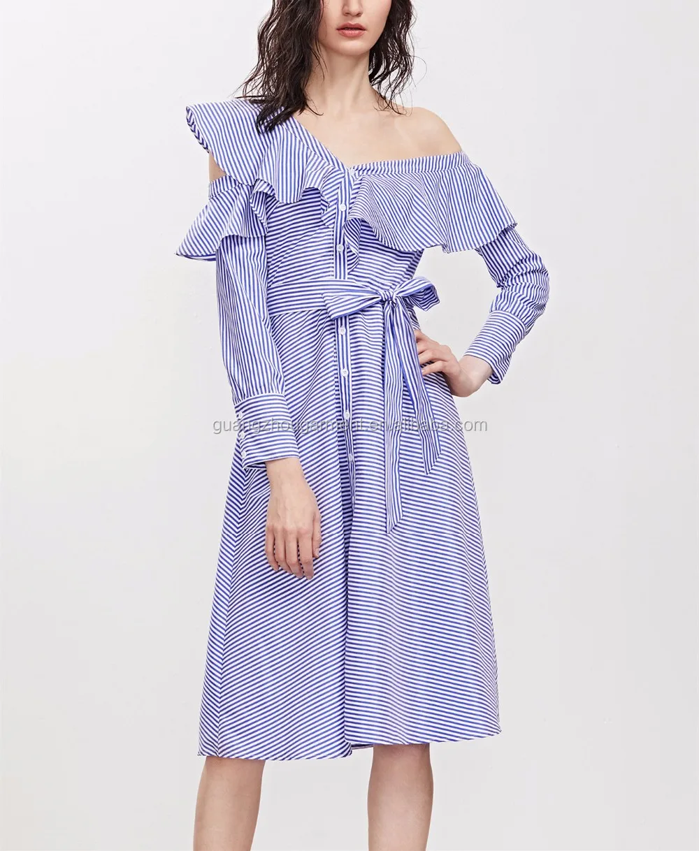 Blue Striped Asymmetric Ruffle Off The Shoulder Belted Shirt Dress