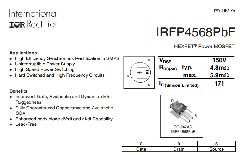 IR INTERNATIONAL RECTIFIER IRFP4568PBF MOSFET N-CH 150V 171A TO-247AC > 