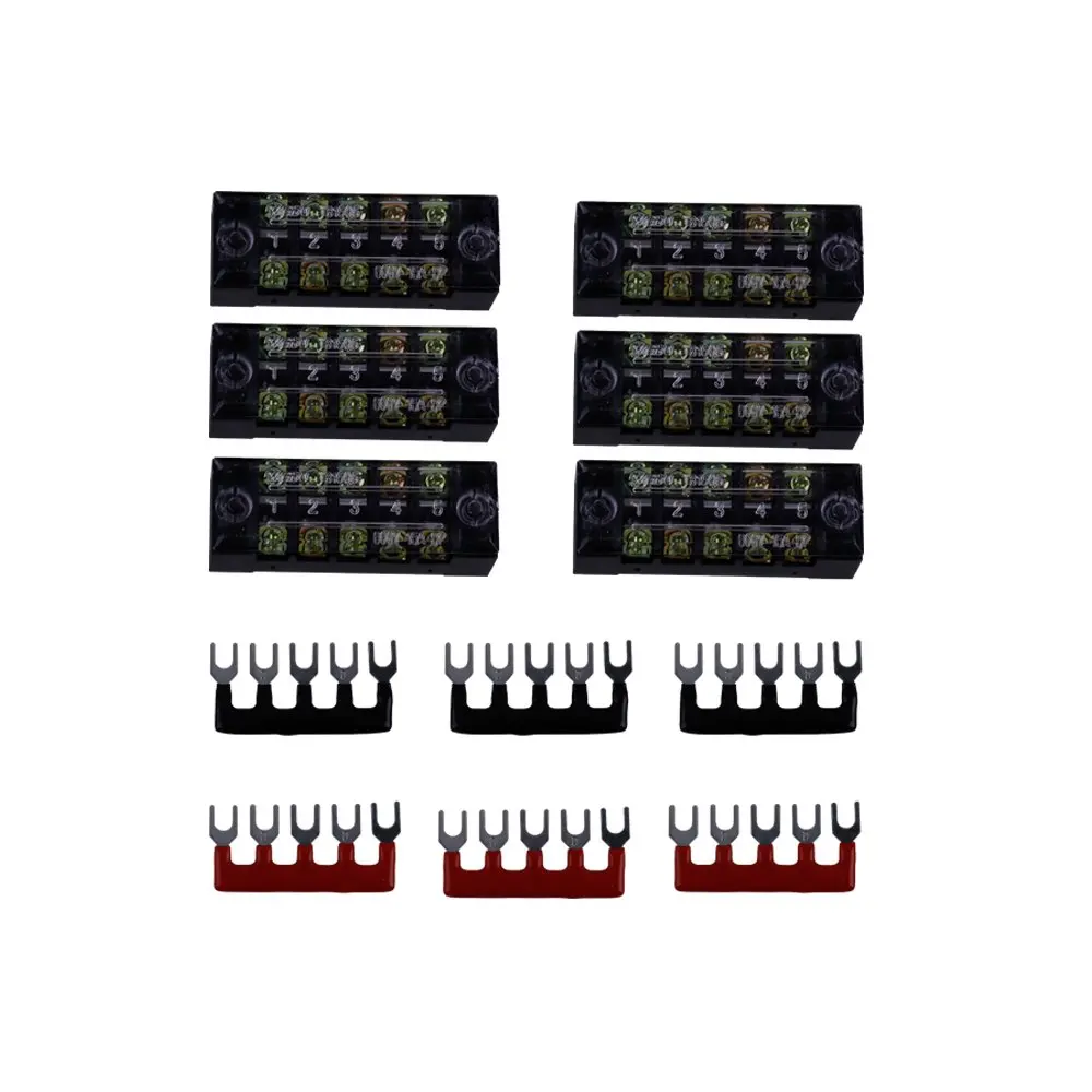 Eowpower 6Pcs 600V 25A Dual Row 5 Position Screw Terminal Strip and 6Pcs 400V 25A 5 Position Black/Red Pre Insulated Terminal Barrier Strip