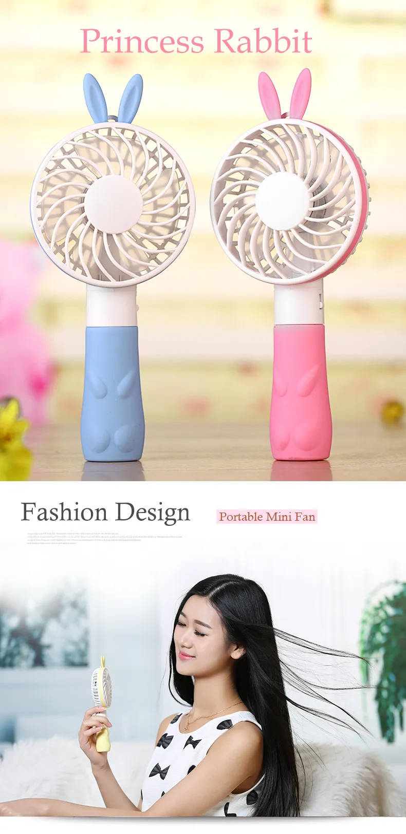 Portable 2 in 1 usb mini fan Motor Better for baby cute rabbit ears handheld mini fan rechargeble battery