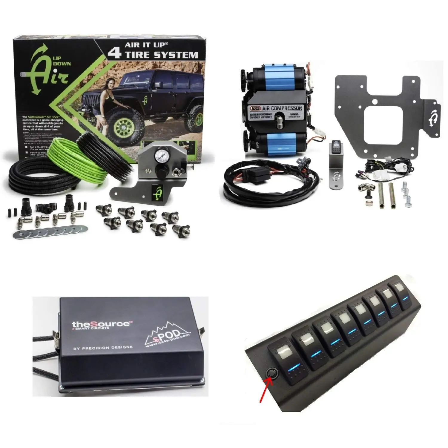 Up Down Air 22-7810/69-0717 Air It Up 4 Tire On Board Air Delivery w/ARB CKMTA12 Compressor & sPOD 8-600-07-LED-G All Green 8 Circuit SE System for 07-08 Wrangler JK