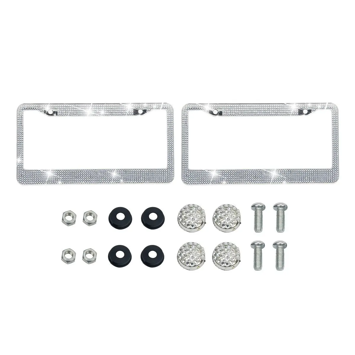 Luxury Pure Handcrafted Bling Rhinestone Premium Stainless Steel License Plate Frame for Cars with Anti-Theft Screws Caps Set Bling License Plate Frames 2 PACK