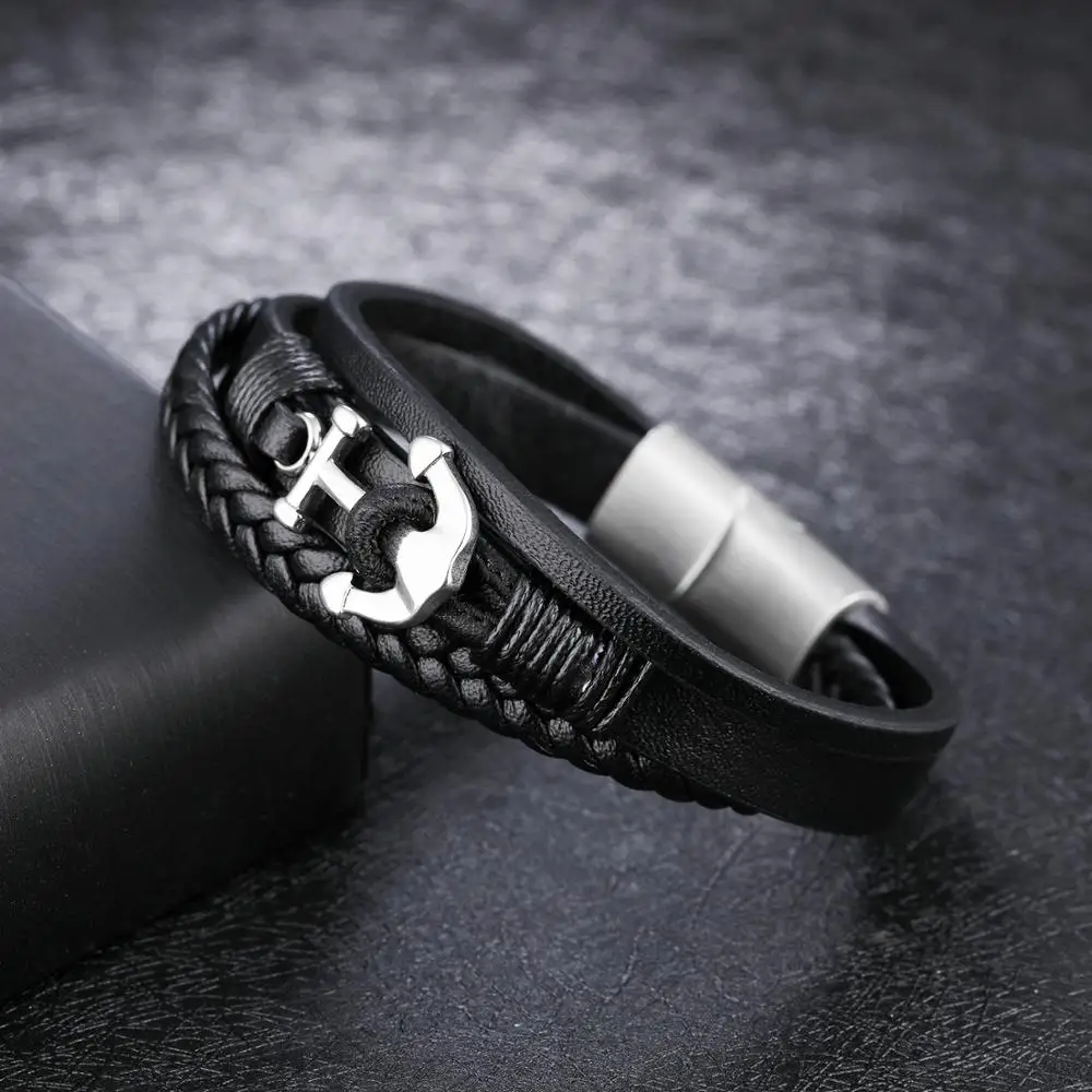 China Wholesale Braided Wrap Leather Mens Black Anchor Bracelet