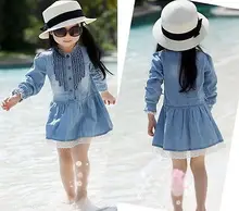 2016 Summer Hot-selling Baby Kids Girl 2-8Y Blue Denim Lace Long Sleeve Casual Dress Clothes
