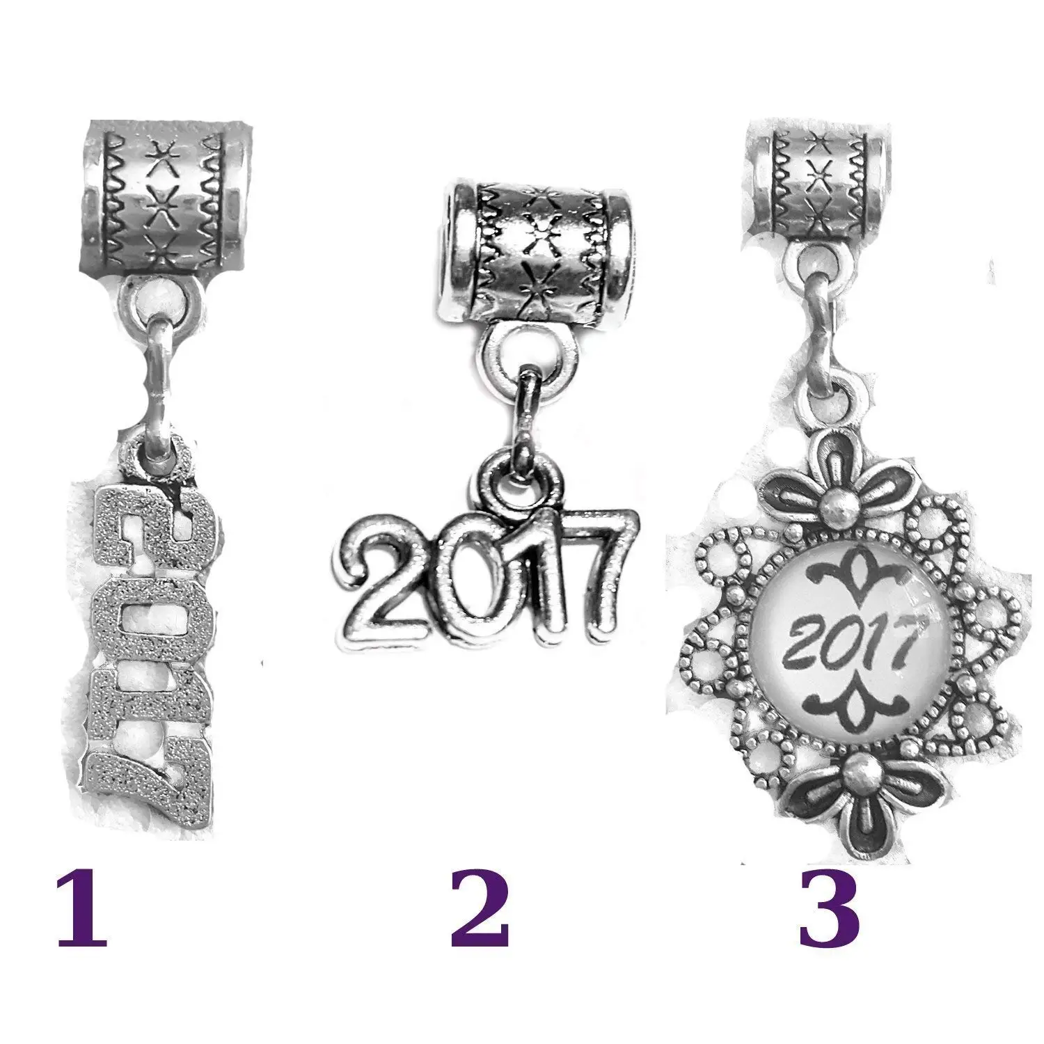 Mossy Cabin "2017 charm" Tibetan Silver Dangle charms for large hole style European style snake chain charm bracelets, or use as a neck chain charm, pendant necklace or key chain charm. Your choice