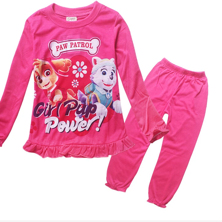 2pcs Set 2016 New Style Girls Pink Red Cotton Pajama Sets Patrol Kid Childrend 2 7Y