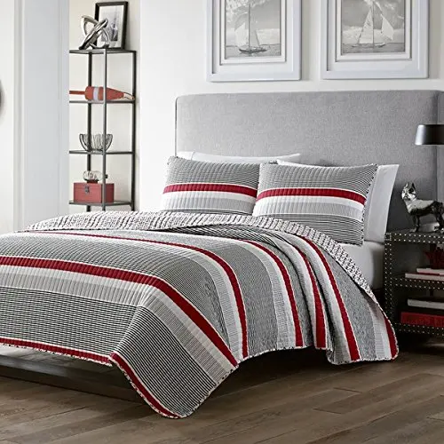 3 piece Boys Full Queen Red Grey White Rugby Stripes Quilt Set, Striped Horizontal Lines Nautical Pattern, Stripes Coverlet Bedding with Rugby Themed Design with Gray, Beautiful Colors! Anchors