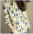 2015 Fashion Blusas Femininas Geometry Hit Color Printed Women Blouses V Neck Long Sleeve Shirt Women