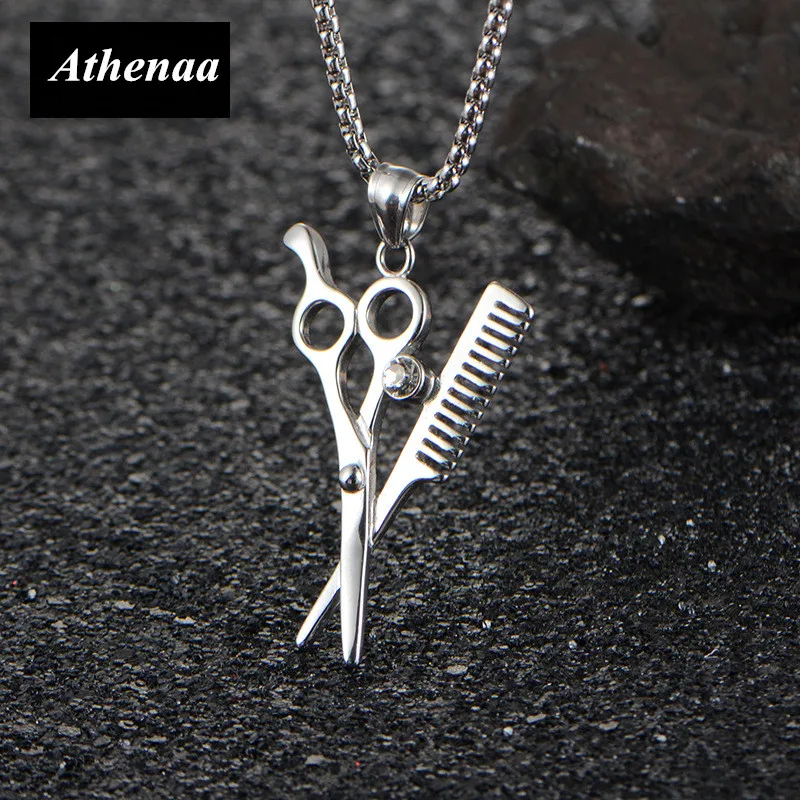 Athenaa Hair Stylist Scissors And Comb Charm Stainless Steel Pendant Necklace 24 Inch Chain