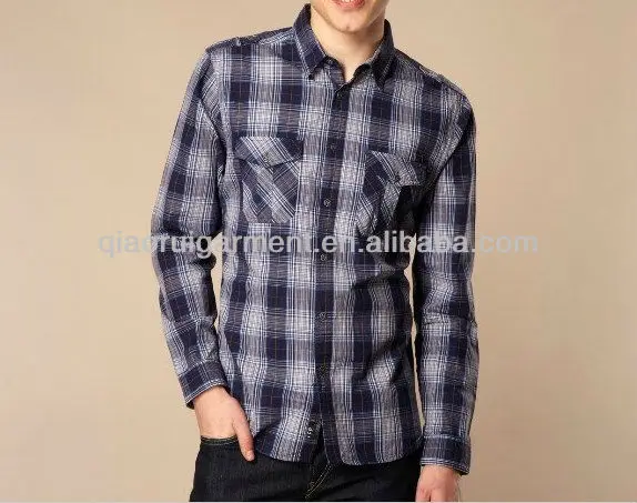 Source Men's long sleeve double pocket check casual shirts QR-4101 