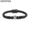 Popular Punk Leather Bangle Gemstone Beads Natural Black Matte Beaded Stone Skull Bracelet