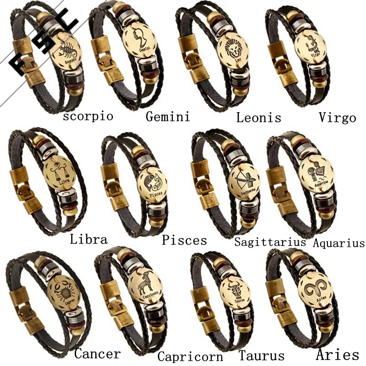 Wholesale Custom 12 Horoscope Zodiac Signs Handmade Mens Punk Leather Bracelets Buy Wholesale