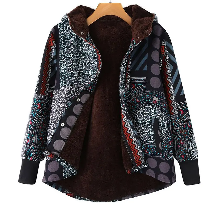Womens Vintage Tribal Hooded Coats Floral Print Fleece Lined Warm ...