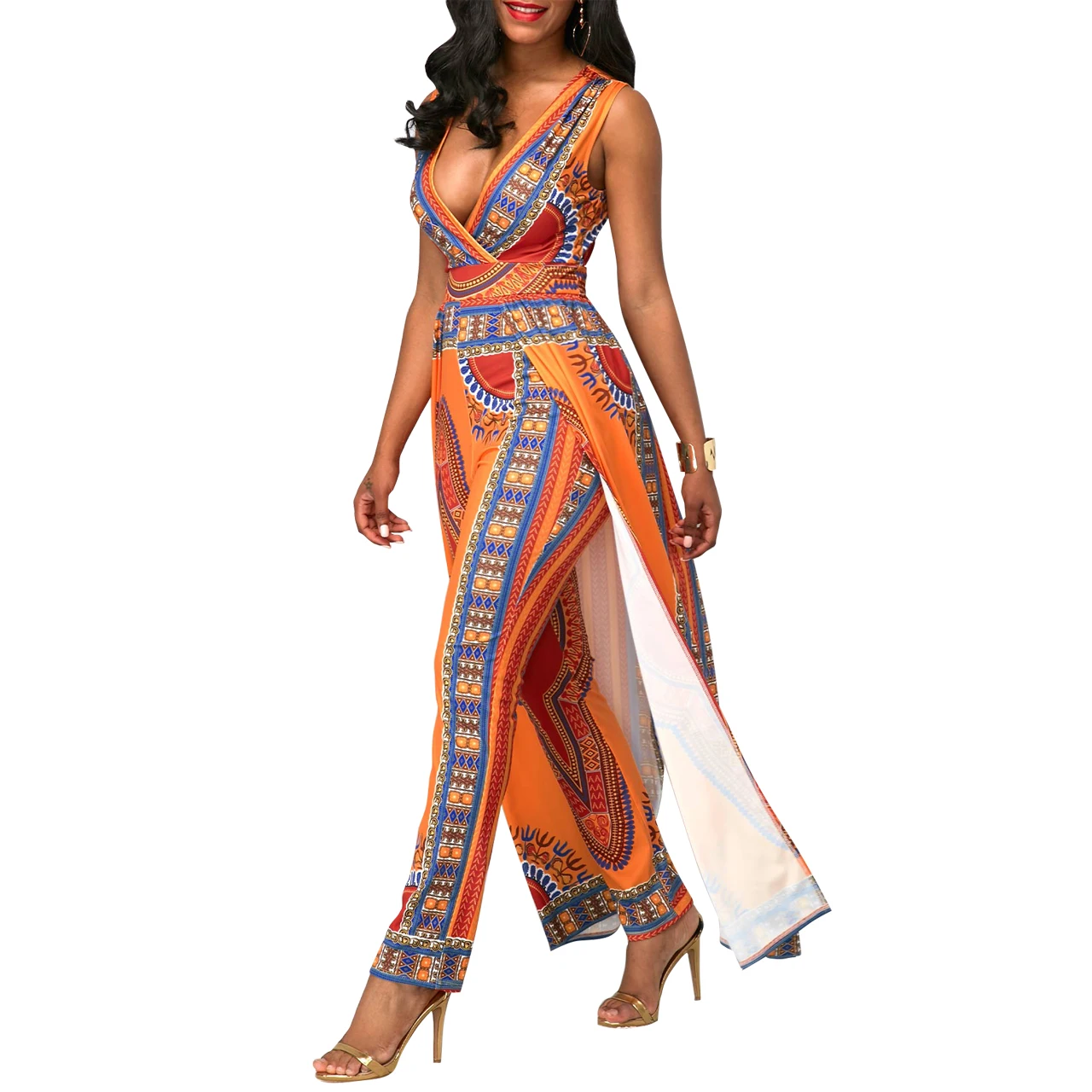 African women's sleeveless printed orange ethnic style jumpsuits