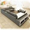 Living Room Furniture L Shape Couch Classical Genuine Leather Sofa Set With Bookrack And Teapoy