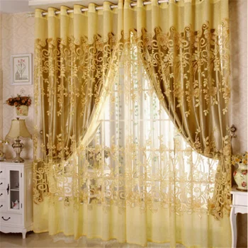 Cheap Solid Sheer Voile Embroidery Window Curtains Gold