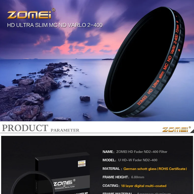 ZOMEI Slim Neutral Density Multicoated Glass Filter ND1000 Sliver Plated 67mm