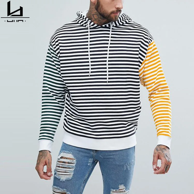 Wholesale slim fit dropped shoulder mens pullover striped hoodie