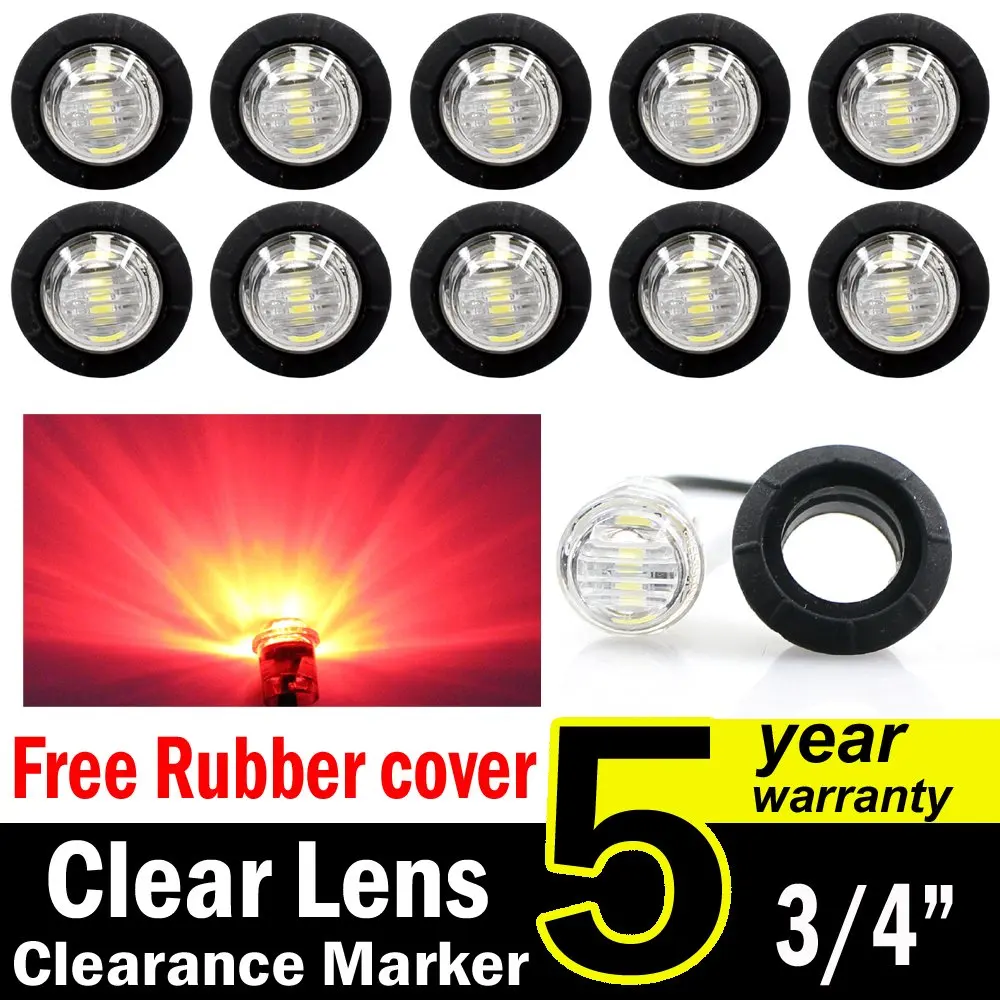 10 Pcs TMH 3/4" Inch Mount Clear White LENS & RED LED Clearance Markers, side marker lights, led marker lights, led side marker lights, led trailer marker lights, trailer marker light