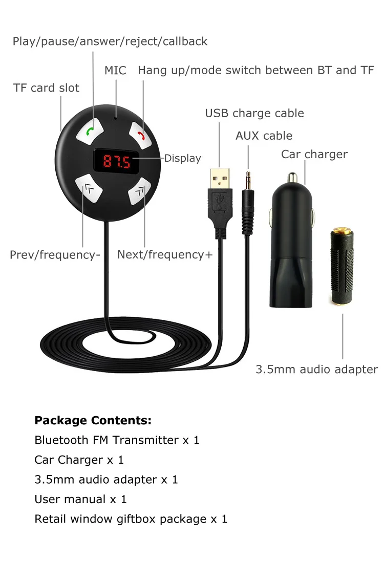 CE ROHS FCC BQB Certification and MP3/MP4 Players Radio Tuner Combination DSP Technology Bluetooth Handsfree Car Kit rds FM Transmitter