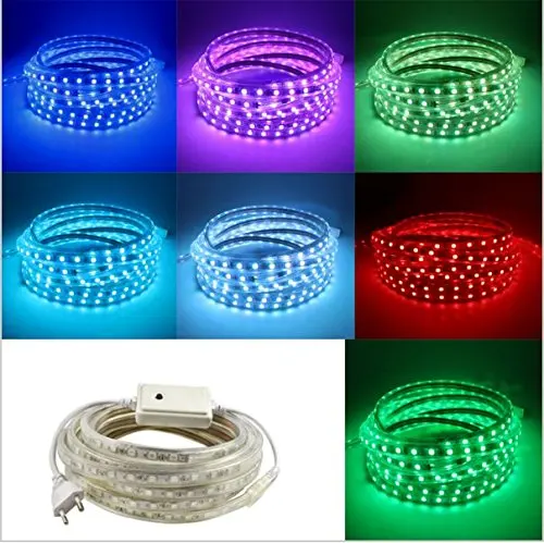 Waterproof AC 110-120V Flexible RGB LED Strip Lights, 60 LEDs/M, Multi Color Changing 5050 SMD LED Rope Light + Controller for Decoration Party Home (5m/16.4ft RGB)