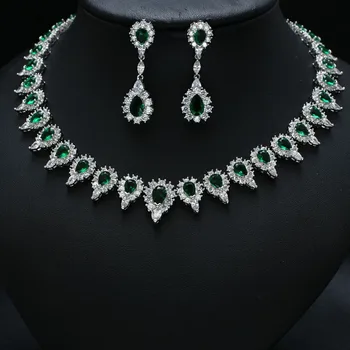 Beste Luxe Emerald/groen Oorbel En Ketting Strass Bruiloft Sieraden Set LV-04
