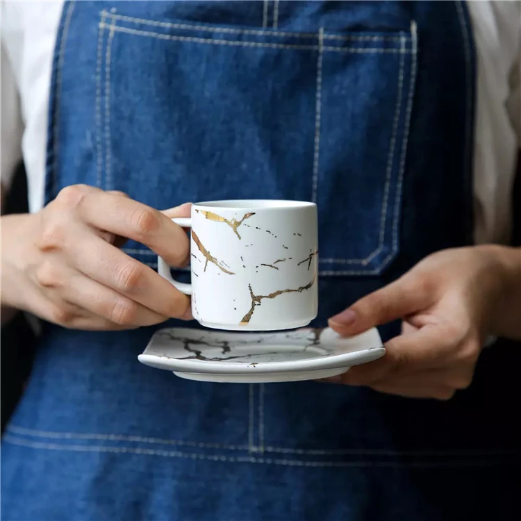 Royal style gold rim 11oz ceramic cappuccino tea coffee cup with wood saucer