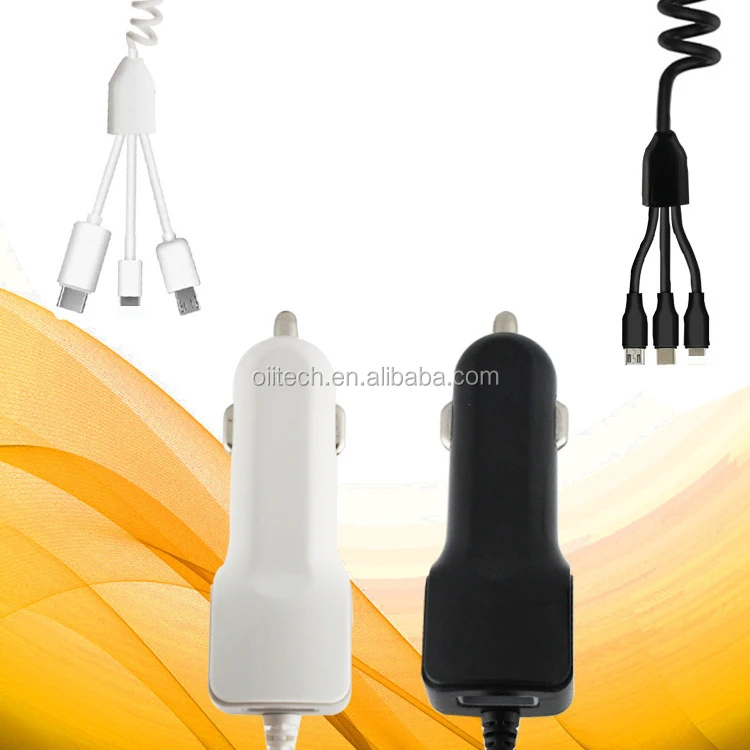 5V 2.1A 3 in 1 Delicate Curly Car Charger for iPhone Type-C Micro