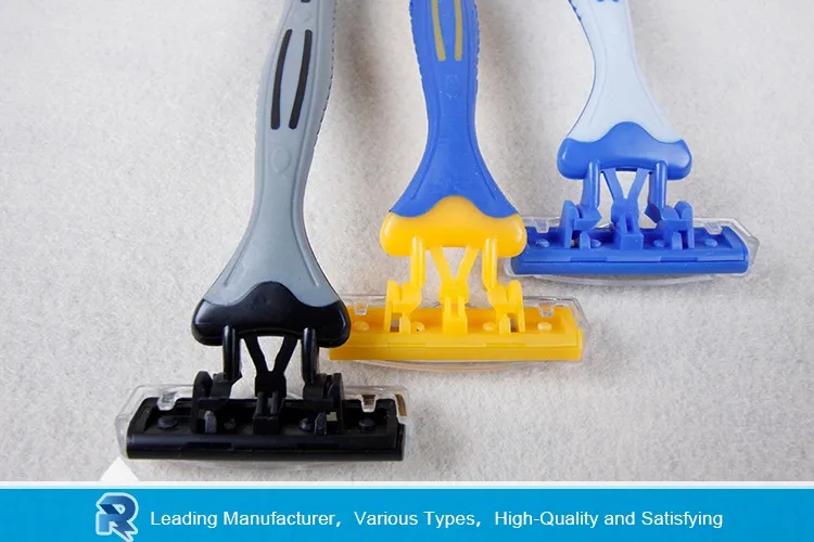 Three Color Pivoting Head Nonslip Handle Triple Blade Mens Razor With Shaving Cream