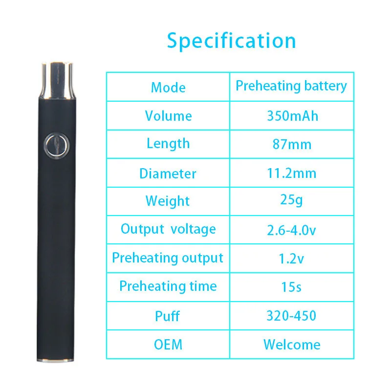 Good Quality Vertex CBD Vape pen Battery 510 Thread E cig Batteries 350mah