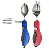Hot Sell Outdoor Camping Survival Set Four Unity folding Steel Tableware Multi-functional Cutlery Knife Fork Spoon