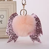 Cute Pink Bow Tie Keychain Pendant Women Key Ring Holder Pompoms Chains