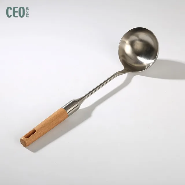 Stainless Steel Deep Big Soup Spoon For Hot Pot With Beech Wood Handle