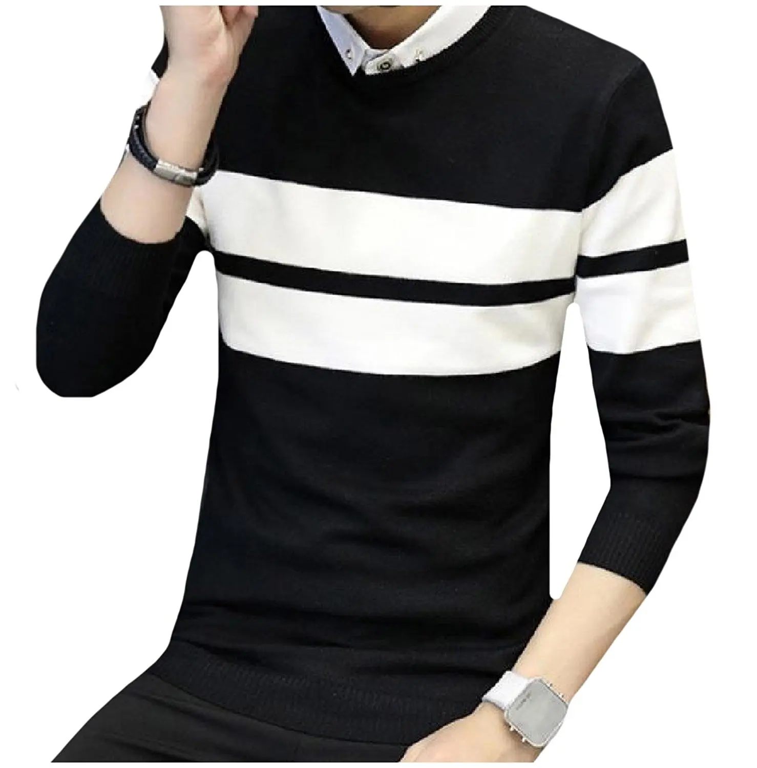 Pandapang Mens Casual Contrast Color Crew Neck Pullover Knitwear Slim Fit Sweater