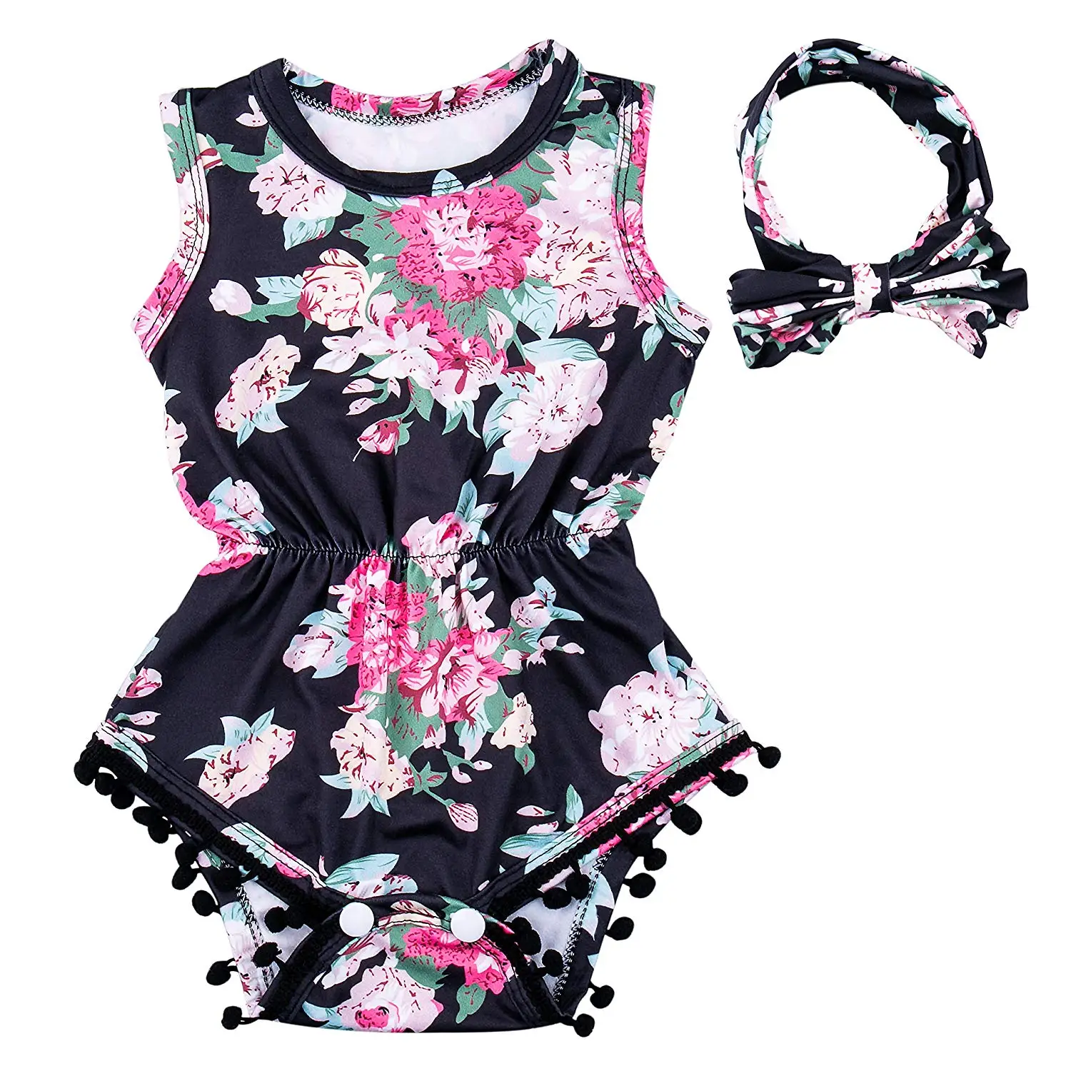 Ezire Baby Girls Romper, Apparel Baby Sleeveless Romper Outfits Set, Floral Baby Tassel Jumpsuit with Bow-Knot Headband