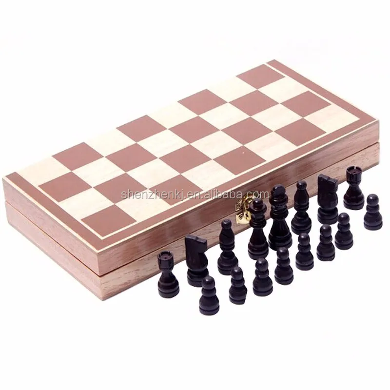 Vintage Wooden Pieces Chess Set Folding Board Box Wood Hand Carved Gift Kids Toy 