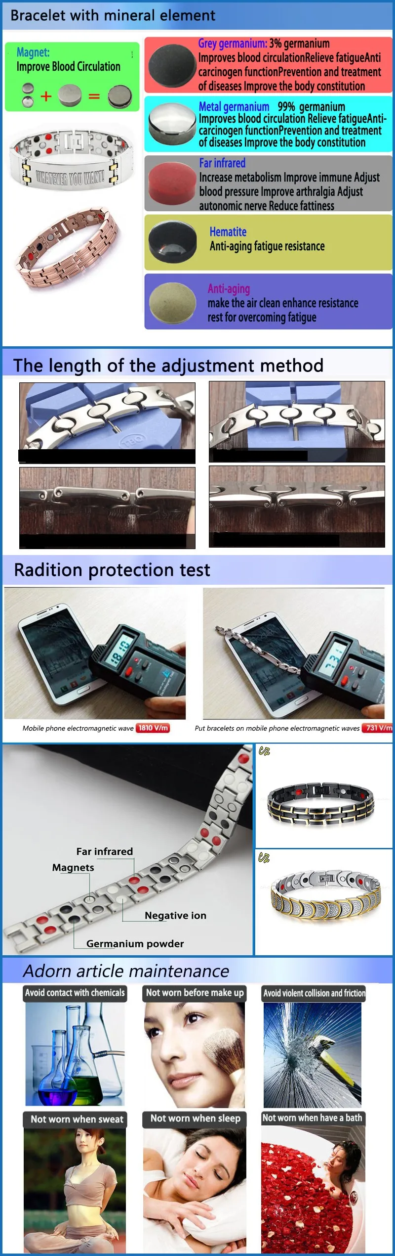 Unique design of stainless steel energy male magnet bracelet, germanium health bracelet fatigue resistance