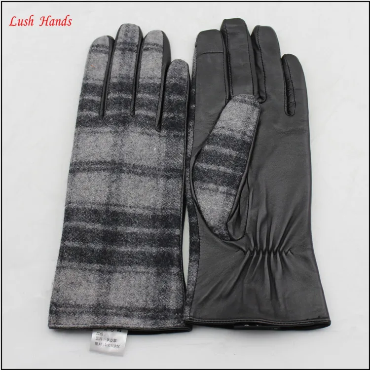 Mens leather and gingham checks fabric gloves touch screen lining polyester