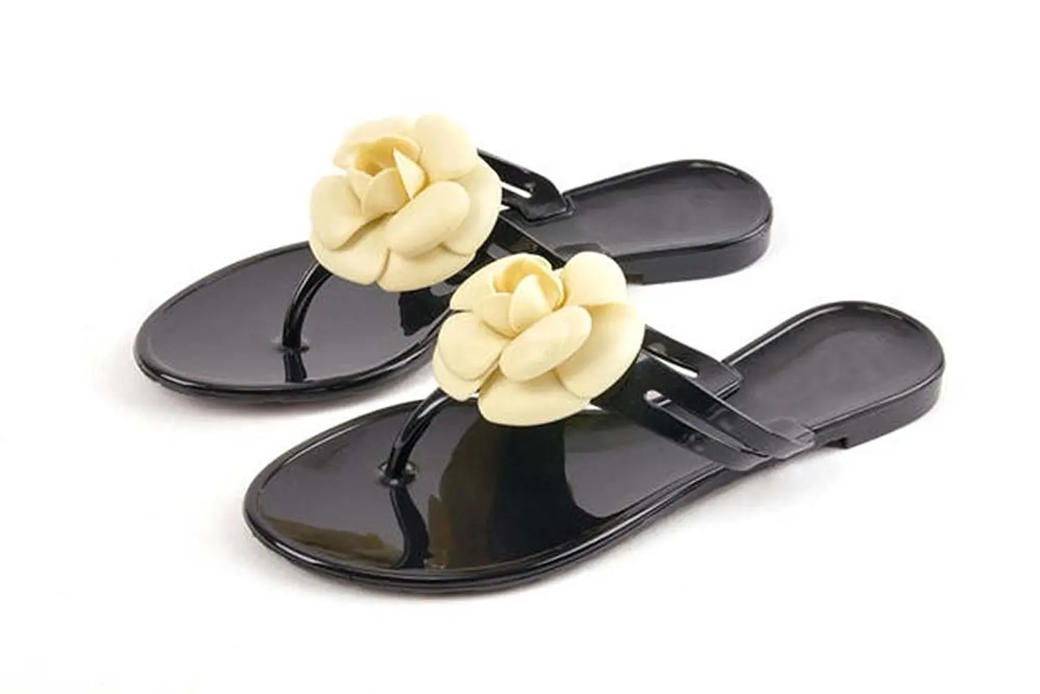 Summer Women Sandals with Beautiful Camellia Flower Sweet Flip Flops Black 9