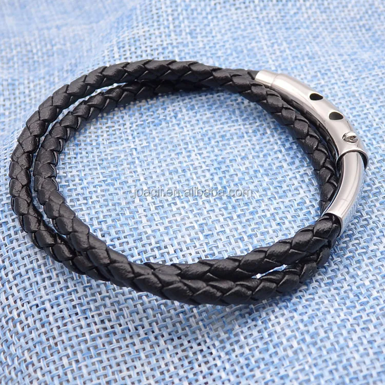 Wave Men's PU Leather thin braid bracelet with titanium steel adjustable clasp silver&gold&black custom logo engraved