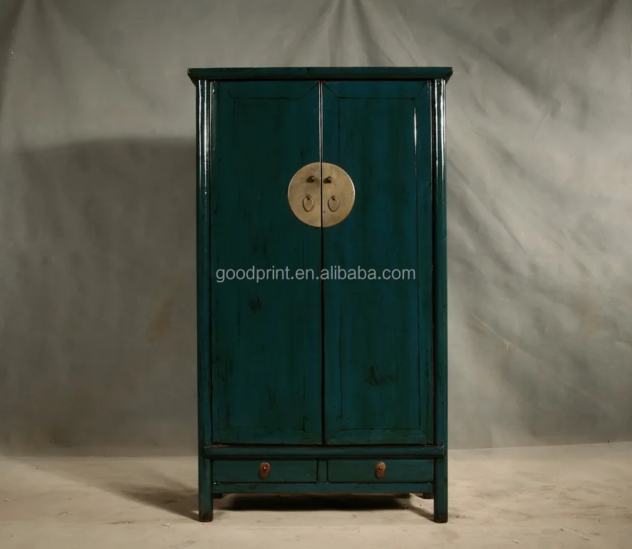 Chinese Antique Reproduction Distressed Dark Green Hotel Wardrobe