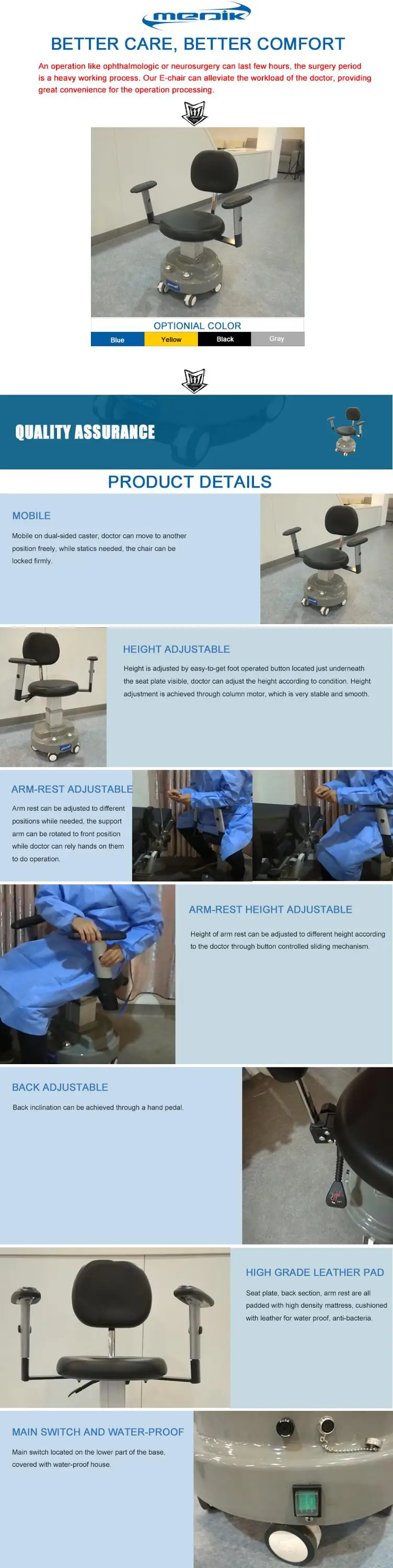 Manufacture Color Optional Height Adjustable Electric Surgical Dental Medical Doctor Stool Chair