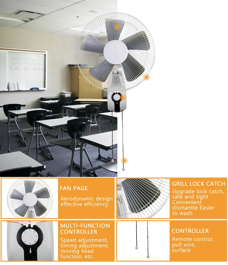 Low Power Consumption 220v 16 Inch Wall Fan Pp Material Aluminum Motor